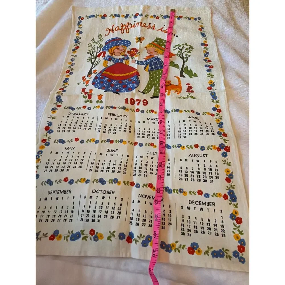 Vintage 1979 Happiness Is Linen Calendar Tea Towel Colonial Boy Girl Cat 80s